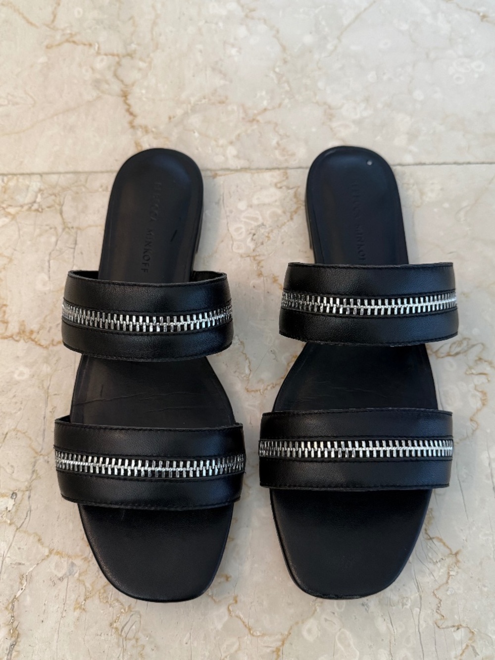 Rebecca Minkoff Marciann Flat Zipper Slip-on Sandal Black Leather Size 9 NO BOX